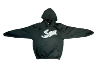 a black hoodie with a white logo on it